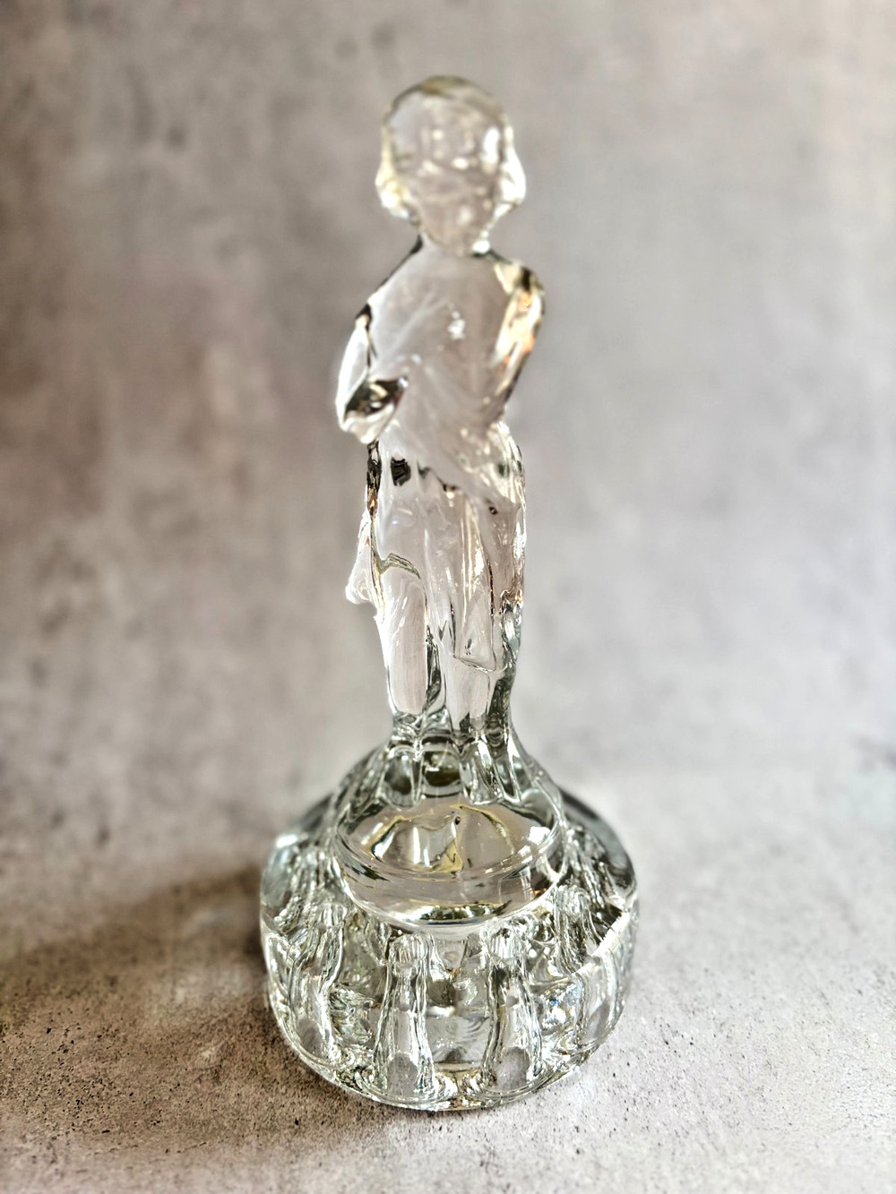 Art Glass Flower Frog Figural Boy UV Reactive Glow Clear Glass MCM Sculpture
